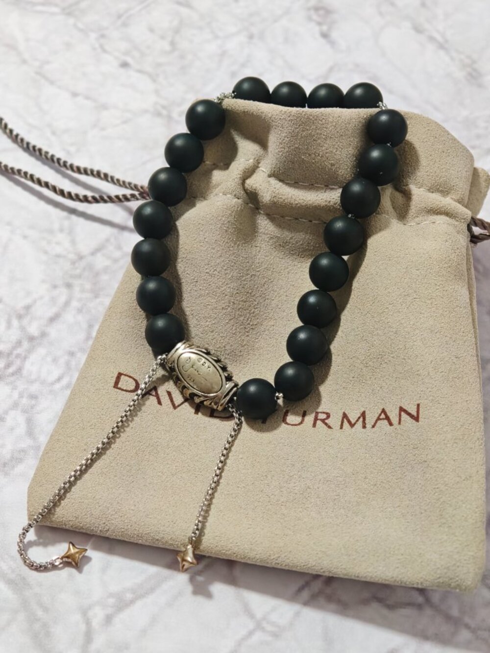 Black Onyx Bead Bracelet with Sterling Silver Cable Barrel, Adjustable - Picture 5 of 8